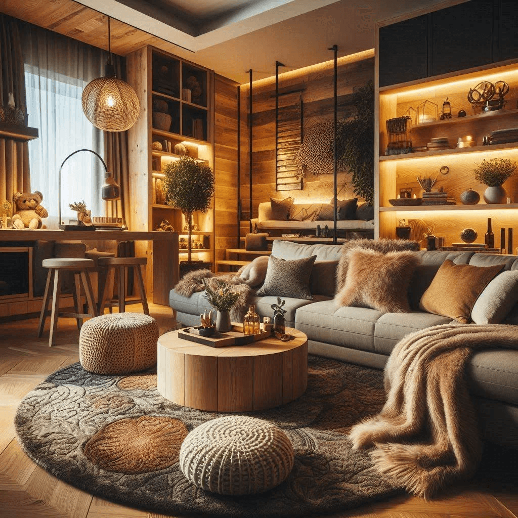 A warm timber-lined living room with a rug, throws and low lamplight